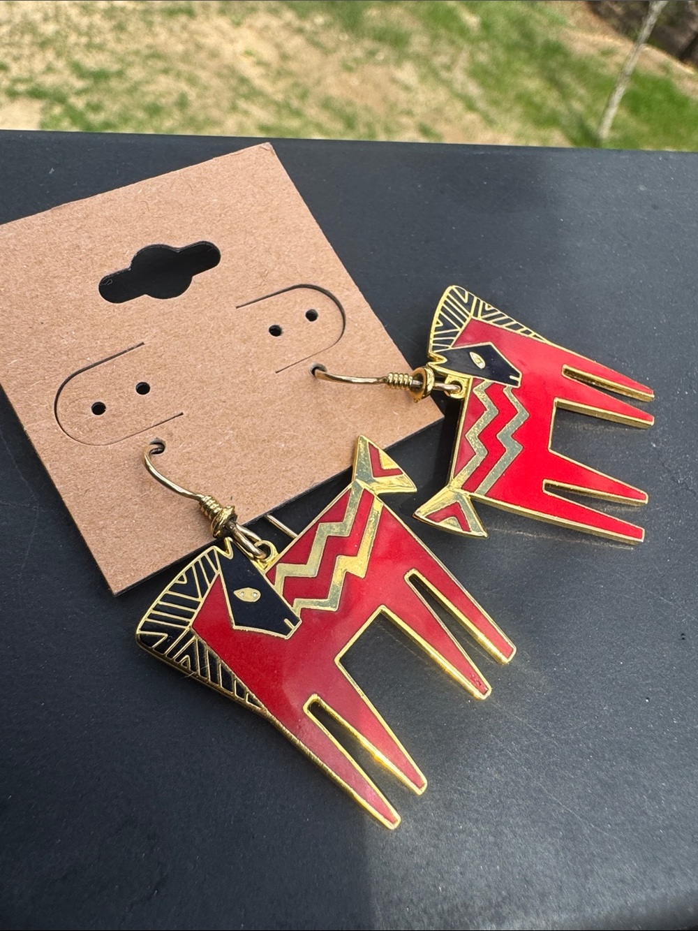Laurel Burch Red Horse Temple Horse Red Geometric Horse Dangle Earrings by - Picture 2 of 3